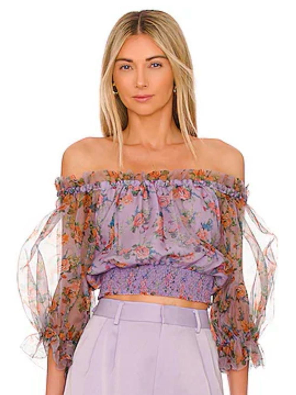 NWT Alice + Olivia Lavender Off-Shoulder Floral Sheer Crop Top